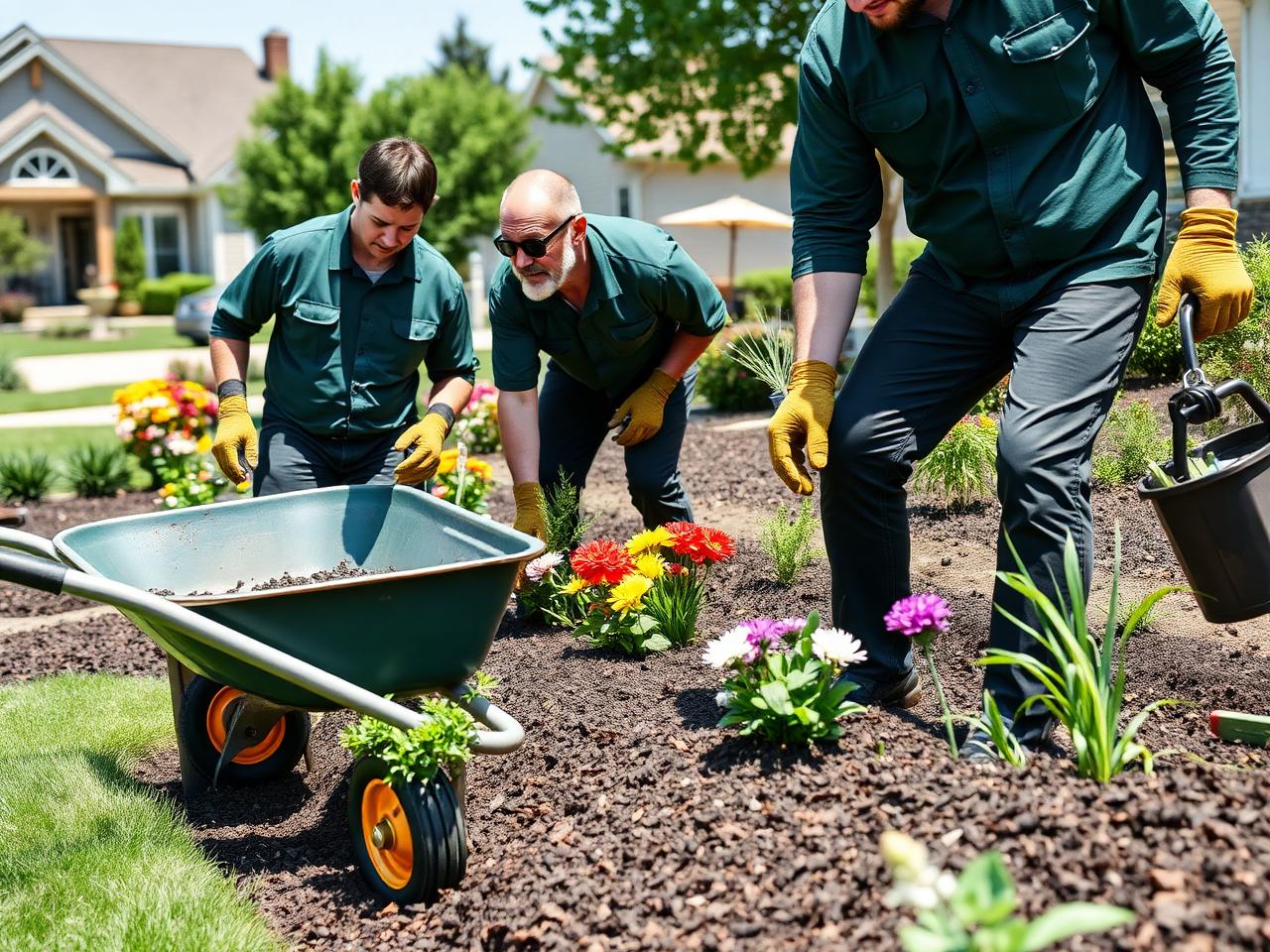 Pana Landscaping crew planting flowers and spreading mulch in a garden bed