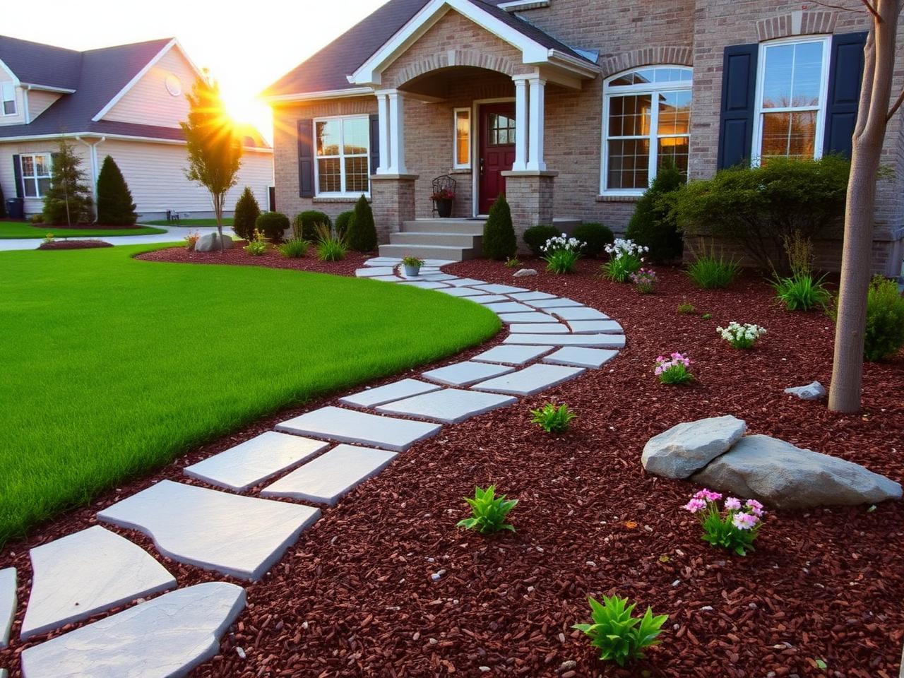 Front yard with a stone walkway through mulched flower beds