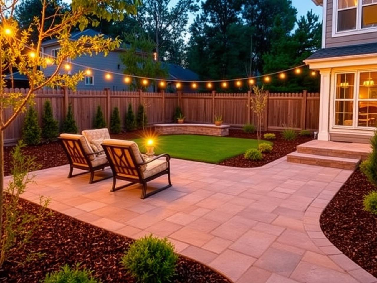 Paver patio with outdoor seating and string lights at dusk
