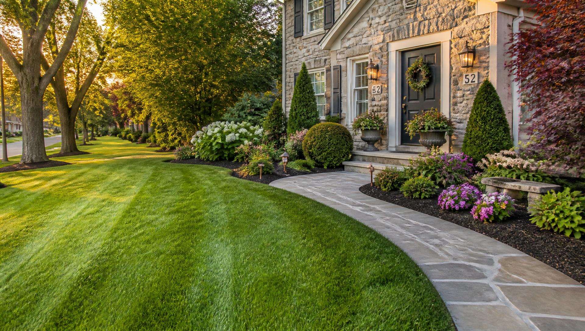Professionally landscaped residential property with a manicured lawn, mulch beds, and stone walkway