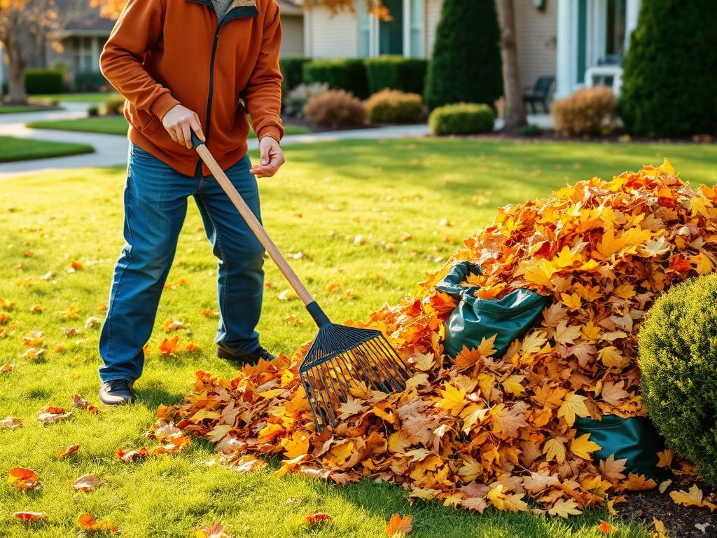 Landscaper raking autumn leaves during a fall property cleanup