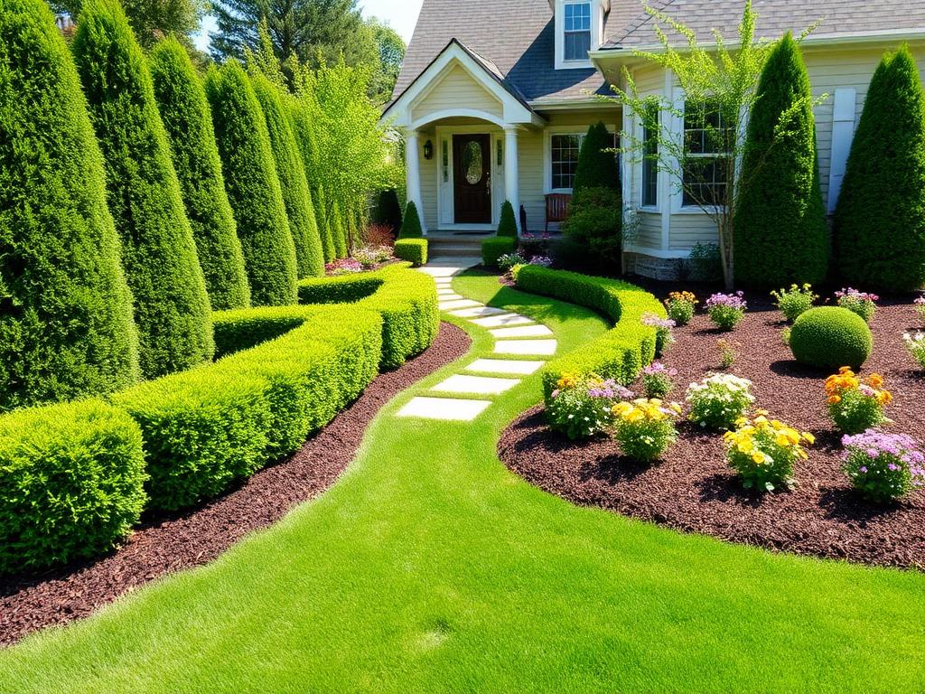 Manicured residential landscape with trimmed hedges and garden beds