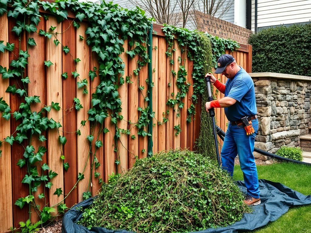 Worker removing overgrown ivy vines from a wooden fence
