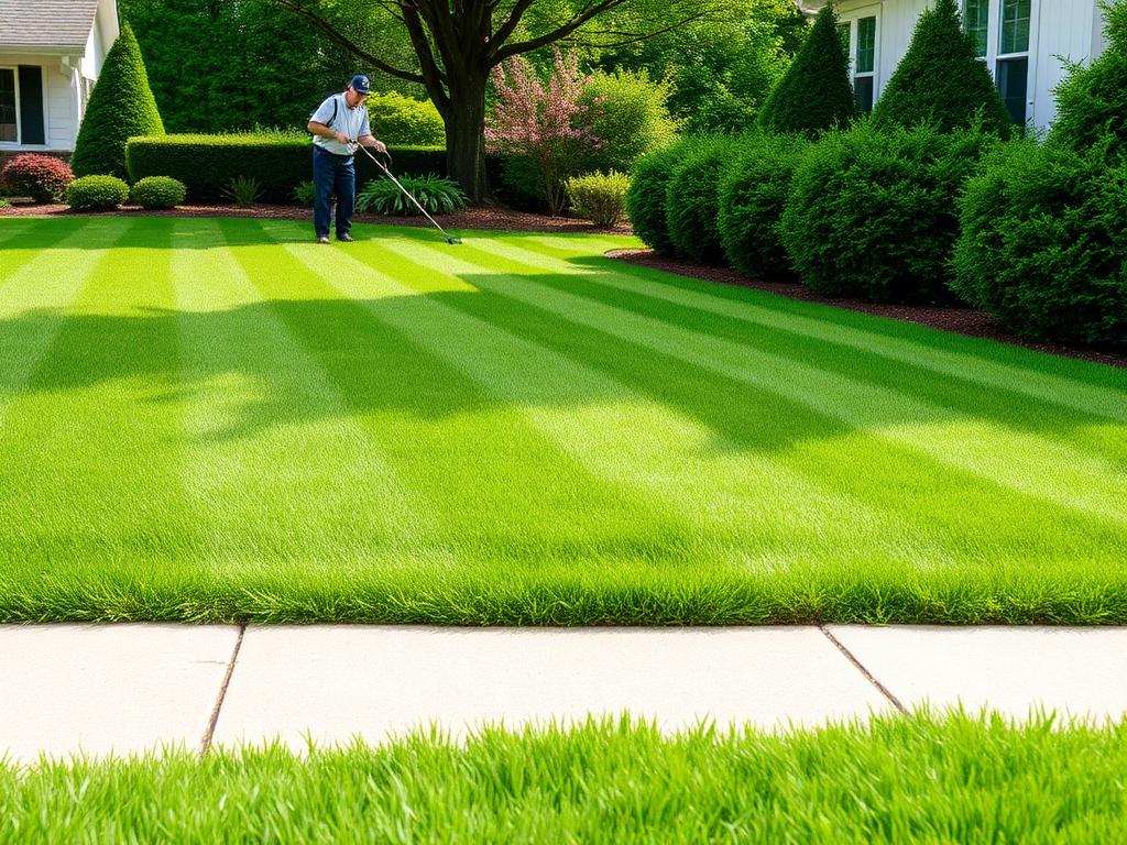 Freshly mowed lawn with clean stripes being edged by a landscaper