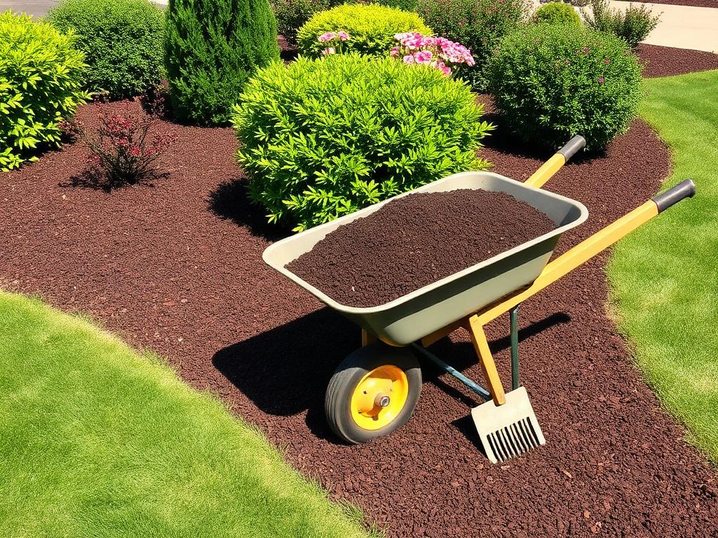 Wheelbarrow of fresh dark mulch beside neatly mulched shrub beds